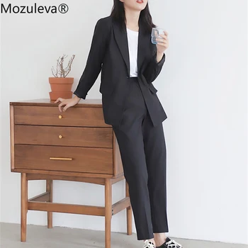 Mozuleva 2020 Vintage Green Women Blazer Костюми Long Sleeve One Button Blazer Pants Office Suit Ladies 2 Piece Blazer Sets Femme