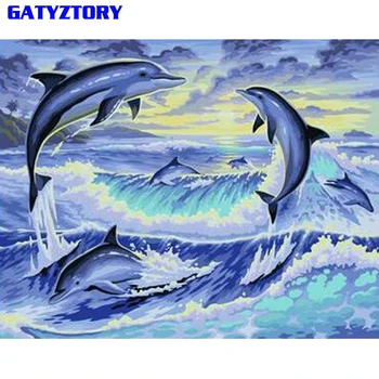 GATYZTORY Делфините животни САМ живопис по номера ръчно рисувана акрилна боя върху платно калиграфия живопис за домашен интериор 40x50