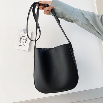Плътен цвят проста кофа Чанти, дамски дизайнерски портмонета и дамски чанти голям капацитет чанта PU кожа на рамото чанта