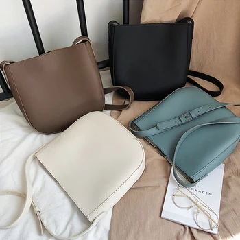 Плътен цвят проста кофа Чанти, дамски дизайнерски портмонета и дамски чанти голям капацитет чанта PU кожа на рамото чанта