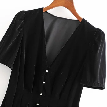 Нова мода V-образна яка с къс ръкав однорядная пуговица бархатное къса рокля за есента на жените през 2021 г.