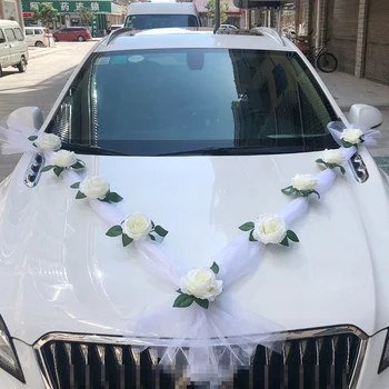 Бяла роза на изкуствени цветя за сватбената кола украса сватбена украса за кола + врата копчето лента Копринени цветя