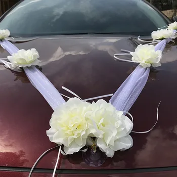 Бяла роза на изкуствени цветя за сватбената кола украса сватбена украса за кола + врата копчето лента Копринени цветя