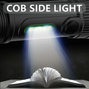 Мощен USB Акумулаторна фенерче преносим вграден акумулаторен фенер LED Факел with COB Side Light водоустойчив фенер