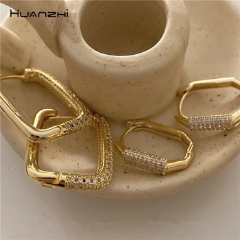 HUANZHI 2020 Vintage Gold Metal геометрични големи кръгли обеци-халки планински кристал, U-образни обеци за жените момичета бижута GIf