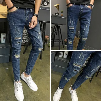 Мъжки дънки 2020 мода тънки тийнейджъри каубой изтръгнат дупка slim fit участък молив панталони хип-хоп ежедневни глезените панталони дължина на прилив на