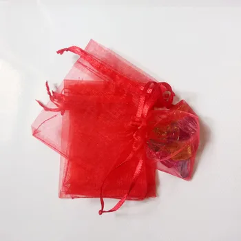 Червена органза чанта 100 бр. на бижута, опаковане на дисплея бижута чанта подарък чанта сватба Drawstring чанта жена, подарък за съхранение на дисплея чанти