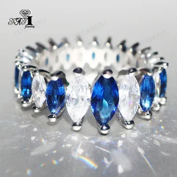 YaYI Бижута Мода Принцеса Cut Full Circle 14CT Blue Zircon Silver Color годежни пръстени любителите на сватбени партита 1460