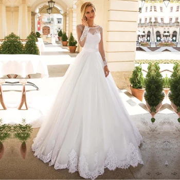 O образно деколте с дълъг ръкав на сватбена рокля апликации на дантела сватбена рокля с мъниста преди да стягам сватбени рокли vestidos de noiva
