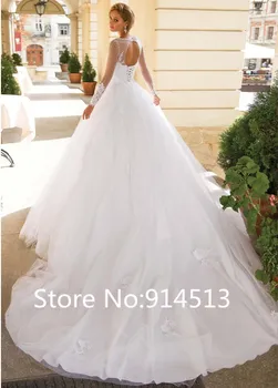 O образно деколте с дълъг ръкав на сватбена рокля апликации на дантела сватбена рокля с мъниста преди да стягам сватбени рокли vestidos de noiva