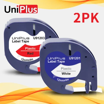 UniPlus 2PK 91201 91203 12mm Label Plastic Tape Fit DYMO LT 91331 91333 Black on White Red Tape for Letratag Label Maker 91221