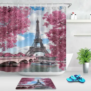 Реколта Парижката кула душ завеса определя червени листа на мария природа водоустойчив полиестер вана завеса за баня Декор