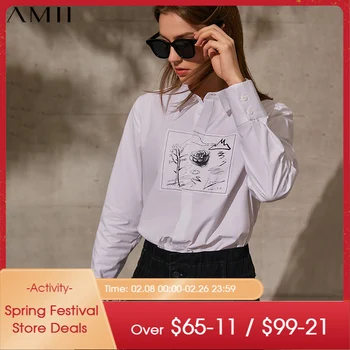 Amii минимализъм пролет лято мода печатни женска риза върховете на причинно Offical Lady отличителни женска риза 12140043