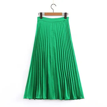Жените Плътен Зелен Нагънат Миди Полата Faldas Mujer Страна Светкавица Fly Дизайн Женски Стилни Ежедневни Облекла Линия Поли