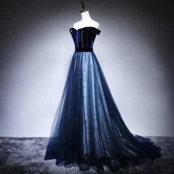 SSYFashion нова елегантна дълга вечерна рокля с лодка врата Синьо кадифе с тюл шиене на звездното модел Бала рокля размер на поръчка