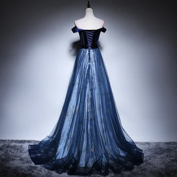 SSYFashion нова елегантна дълга вечерна рокля с лодка врата Синьо кадифе с тюл шиене на звездното модел Бала рокля размер на поръчка