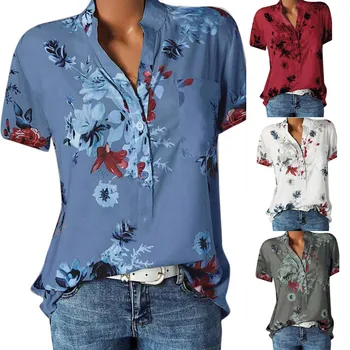 Блуза С V-Образно Деколте Блуза Дамски Печат На Джоба Плюс Размер Блуза С Къс Ръкав Лек Дамски Топ Плат Roupas Feminina Ежедневни Облекла #S