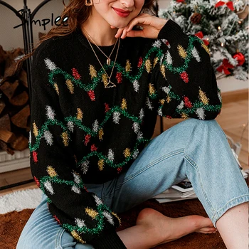 Simplee случайни листа Коледа пуловер зима черен топъл женски пуловер Градинска мода врата вязаный пуловер 2020 нов