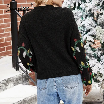 Simplee случайни листа Коледа пуловер зима черен топъл женски пуловер Градинска мода врата вязаный пуловер 2020 нов