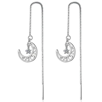 Utimtree мода бижута дълги обеци четка за жени Луната форма цирконии виси Обеци Сребро 925 сватбени Brincos подаръци