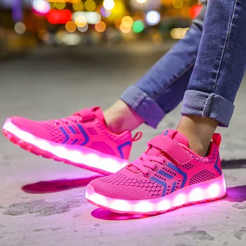 Детски обувки за момчета и момичета на окото лека принцеса светещи маратонки дишаща модни обувки за момчета LED мека подметка Обувки за момичета
