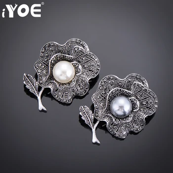IYOE ретро стил имитация на сивото перлена брошка за жени античен сребърен цвят Кристал цвете брошки на ревера на жени брошки подарък