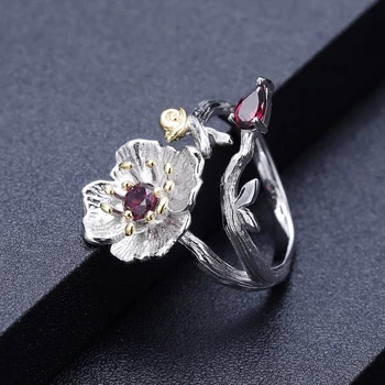 GEM s BALLET Natural Rose Garnet елегантен ретро цвете пръстен, обици набор 925 сребро ръчно изработени група жени изискани бижута