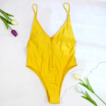 2020 one piece wire free women swimwear swimsuit swimming deep v zipper прашки red yellow black white без гръб solid new