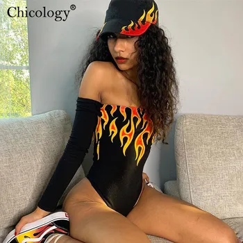 Chicology с рамо огън, пламък печат готически боди жени с дълъг ръкав градинска костюм тялото 2019 есен зима клубна облекло
