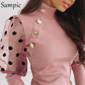 Sampic ежедневни розова бутон мода пуловер пуловер върховете жени окото мозайка поло бутер dot с дълъг ръкав вязаный пуловер