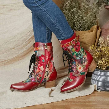 SOCOFY жените цветя шаблон воловья кожа срастване на топло Остър чорап ток къси ботуши и ежедневни открит ботуши Botas Mujer 2020
