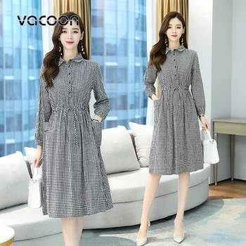 Клетчатое рокля женски есен нова рокля с дълги ръкави в корейски стил свободно и коварен ежедневното рокля със средна дължина, трапецовидна форма