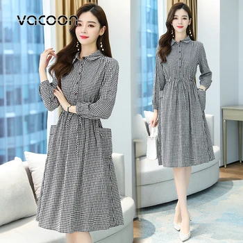 Клетчатое рокля женски есен нова рокля с дълги ръкави в корейски стил свободно и коварен ежедневното рокля със средна дължина, трапецовидна форма