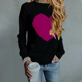 Извънгабаритни трика оребрена пуловер сладък сърцето вязаный пуловер и пуловери За-образно деколте с дълъг ръкав дамски пуловери ежедневни блузи дръпна Femme
