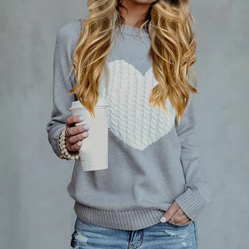 Извънгабаритни трика оребрена пуловер сладък сърцето вязаный пуловер и пуловери За-образно деколте с дълъг ръкав дамски пуловери ежедневни блузи дръпна Femme