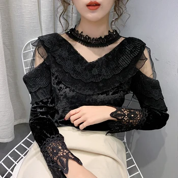 Дантели риза дамски Есен-Зима 2020 жени блуза накъдрен окото топ с дълъг ръкав корейски велур половината яка Дамски дрехи 3026E