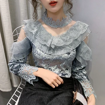 Дантели риза дамски Есен-Зима 2020 жени блуза накъдрен окото топ с дълъг ръкав корейски велур половината яка Дамски дрехи 3026E