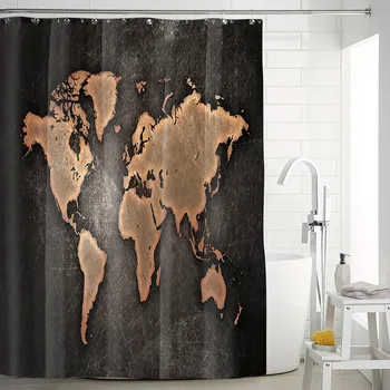 Водоустойчив карта на света завеса за душ за баня, завеси за баня-дълги 3D плътни завеси за душ
