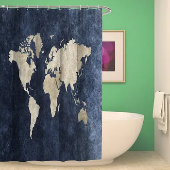 Водоустойчив карта на света завеса за душ за баня, завеси за баня-дълги 3D плътни завеси за душ