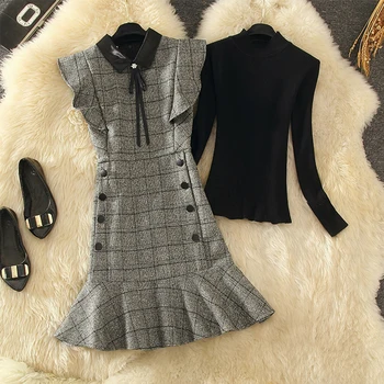 Нова есенно-зимния пуловер и midi карирана вълнена рокля с рюшами женски пуловер с дълъг ръкав вязаный топ и вълнена рокля копчета 2 броя комплекти