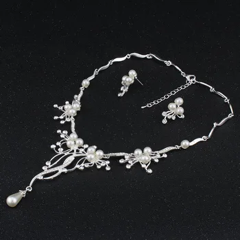 Jiayijiaduo имитация на перли сватбени бижута, бижута комплекти за жени сребърен цвят кристал колие обици сватба