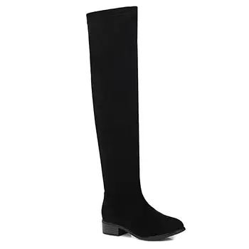 Обувки с дебел ток от сива еластична тъкан над коляното тъмно-кафяви есенни велурени дамски ботуши на нисък ток евтини обувки