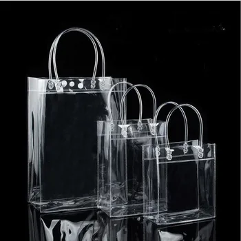 100 бр./лот банерна PVC подарък Мъкна опаковъчни торбички с дръжка прозрачна найлонова торбичка мода PVC чанта с бутон