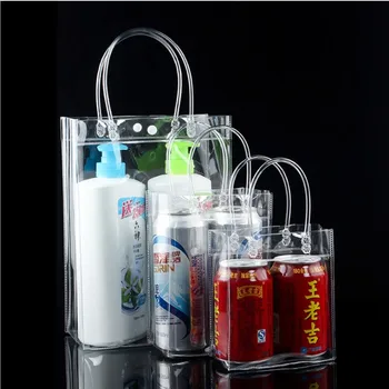 100 бр./лот банерна PVC подарък Мъкна опаковъчни торбички с дръжка прозрачна найлонова торбичка мода PVC чанта с бутон