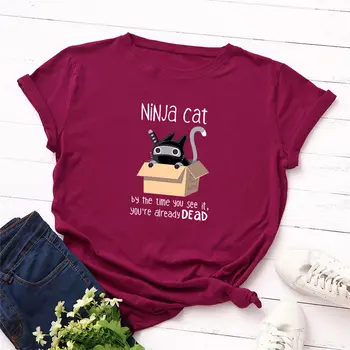 2020 мода плюс размера на Дамско тениска памук топ нинджа смешно котка карикатура печат на тениска жените O-образно деколте с къс ръкав тениска