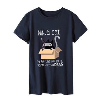 2020 мода плюс размера на Дамско тениска памук топ нинджа смешно котка карикатура печат на тениска жените O-образно деколте с къс ръкав тениска
