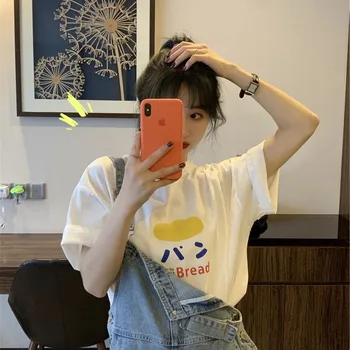 Лятна Новата Модерна Тениска Дамски Harajuku С Къс Ръкав Забавни Bread Print T-Shirt Сладко Tshirt Cartoon Top Tees Female