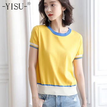 YISU Fashion T Shirt Women 2020 Summer O образно деколте с къс ръкав в светъл цвят на тениски вязаный пуловер шевове цвят тениски жени