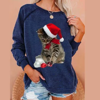 Дамски Коледна котка тениска нов стил гореща 2020 кръг деколте с дълъг ръкав пролет и есен тениска плюс размера на свободни ежедневни блузи