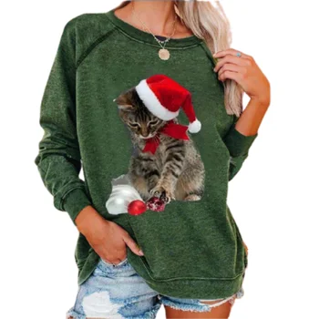 Дамски Коледна котка тениска нов стил гореща 2020 кръг деколте с дълъг ръкав пролет и есен тениска плюс размера на свободни ежедневни блузи